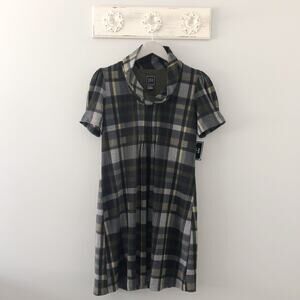 JH Green Plaid Cowl Neck Short Sleeve Dress NEW